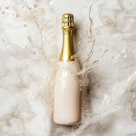 Champagne Bottle with Splashing Water, Top View, Copy Spaceの素材