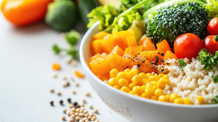 Close-up of a healthy meal, showcasing fresh vegetables and grains with ample copy space on a clean backgroundの素材