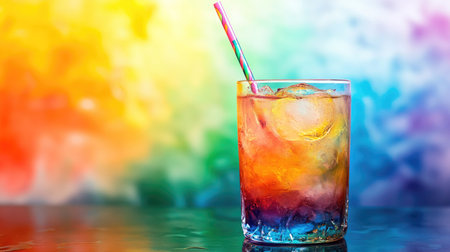 A rainbow-hued drink with a straw, served in a clear glass, bursting with color and flavor.の素材