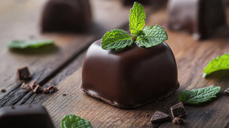 A chocolate-covered treat, accented with fresh mint leaves, sitting on a wooden surface, inviting indulgence.の素材