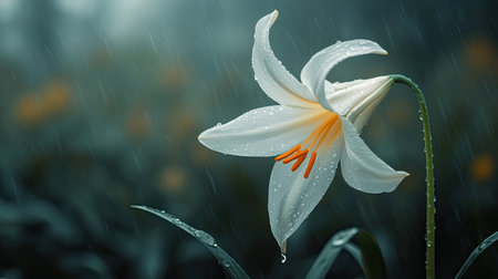 A delicate white flower with orange petals, bending gracefully in the rain, against a blurred, misty background.の素材