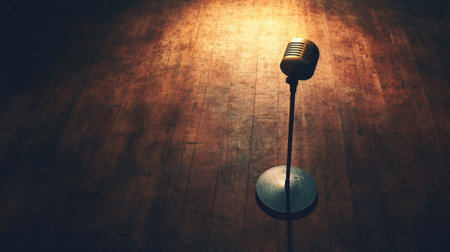 Microphone on a debate stage illuminated by a spotlight, viewed from above, 3D background, with room for textの素材