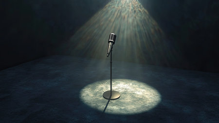 Microphone on a debate stage illuminated by a spotlight, viewed from above, 3D background, with room for textの素材