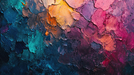 Overhead shot of a rough, colorful abstract background, with layers of paint and texture creating depthの素材