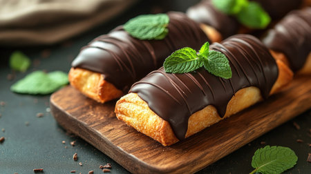 A chocolate-covered pastry garnished with fresh green mint leaves, set on a wooden board, ready to be savored.の素材