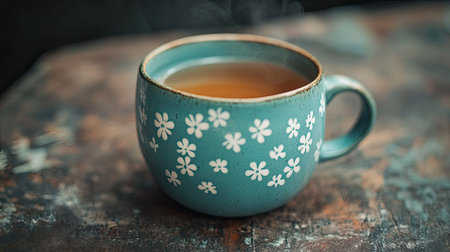 A blue ceramic cup with a white flower pattern, brimming with warm tea, set on a rustic surface.の素材