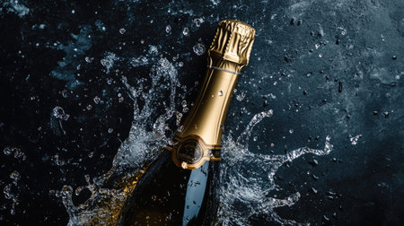 Top view of a champagne bottle with water splashing around, leaving ample copy space for textの素材