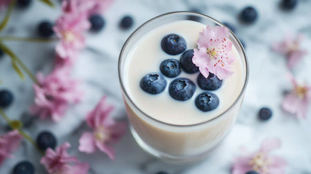 A glass of fresh milk topped with blueberries and delicate pink flowers, creating a beautiful contrast of colors.の素材