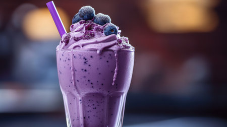 A purple milkshake in a tall glass with a matching purple straw and a blueberry on top, looking refreshing and sweet.の素材