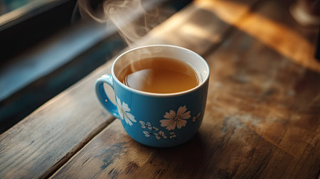 A blue cup with a delicate white flower design, filled with hot tea, resting on a wooden table.の素材