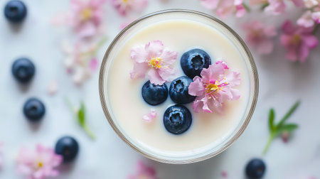 A glass of milk with blueberries and pink flowers delicately arranged on top, showcasing a mix of natural beauty and simplicity.の素材