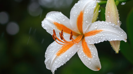 A white flower with vibrant orange petals, leaning in the rain, its beauty enhanced by the droplets.の素材