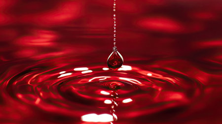 A red and white pendant suspended on the surface of red liquid, capturing a moment of serene stillness.の素材