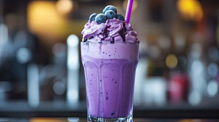 A purple milkshake in a tall glass with a matching purple straw and a blueberry on top, looking refreshing and sweet.の素材