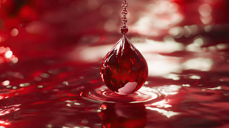A floating red and white pendant on a calm red liquid, evoking a sense of mystery and elegance.の素材