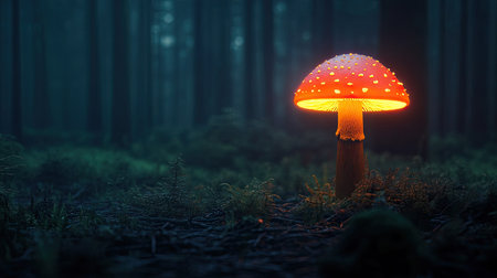 A single glowing mushroom standing out in the darkness, its light creating a mystical forest scene.の素材