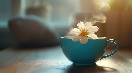 Blue cup adorned with a white flower, steaming with freshly brewed tea, set against a cozy background.の素材