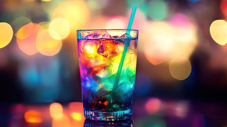 A vibrant, colorful drink with a straw, glowing with a mix of bright hues, set against a blurred backdrop.の素材