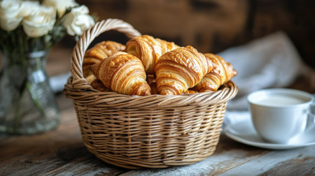 A woven basket brimming with buttery croissants, set on a rustic table, perfect for breakfast.の素材