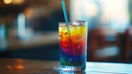 A rainbow-hued drink with a straw, served in a clear glass, bursting with color and flavor.の素材