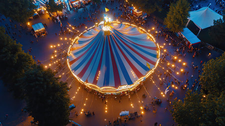 Overhead shot of a European festival tent decorated with lights and flags, space for copy on top.の素材