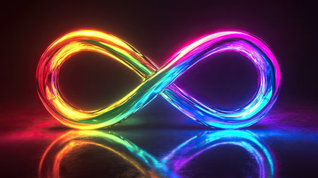 Abstract neon infinity symbol, shining with a spectrum of colors, against a dark, futuristic background.の素材