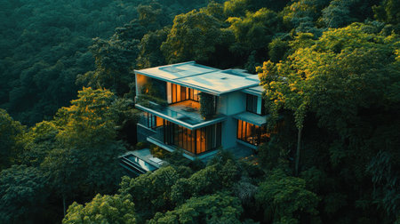 Stunning aerial view of a modern house nestled in the mountains, surrounded by lush greenery.の素材