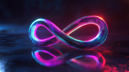 Glowing neon infinity sign in vivid colors, floating in an abstract digital space with dark tones.の素材