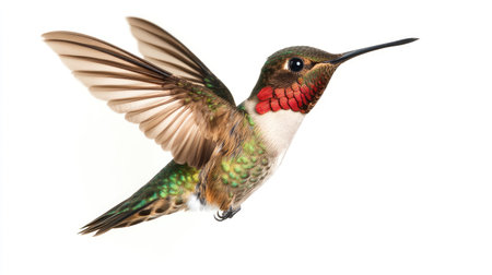 Top view of a hummingbird in flight, with clear copy space, capturing its motion and vibrant colorsの素材