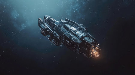 Flat lay of a spaceship floating in the void of space, ample copy space on the right.の素材