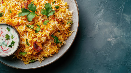 A close-up of a plate of flavorful biryani with a side of raita, leaving space on the side for textの素材