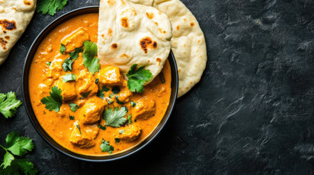 A bowl of rich, creamy korma with naan, with blank space on the side for a messageの素材