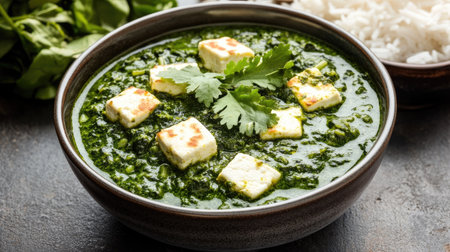 A bowl of rich, creamy palak paneer with rice, with ample space on the side for a messageの素材