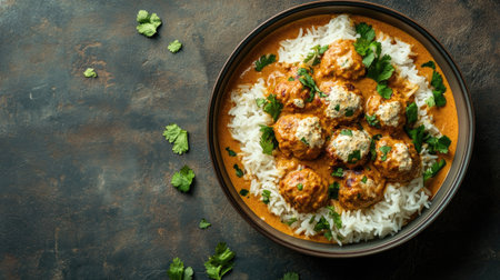A bowl of creamy malai kofta with rice, with space on the top for a messageの素材