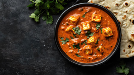 A bowl of rich, creamy paneer butter masala with naan, with ample space on the side for copyの素材