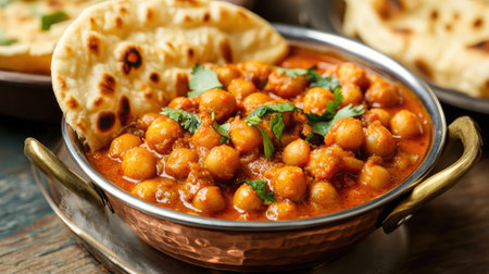 A bowl of hot and spicy chana masala with naan, with room on the side for a messageの素材