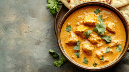 A bowl of rich, creamy korma with naan, with blank space on the side for a messageの素材