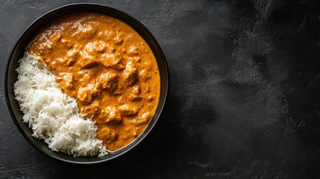 A bowl of rich, flavorful korma with rice, with ample space on the side for a messageの素材