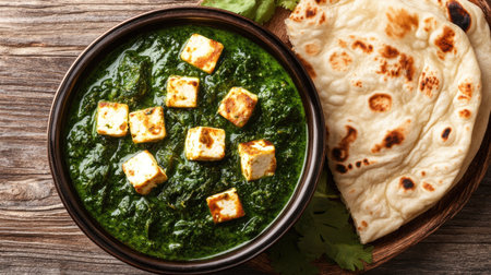 A bowl of rich, creamy saag paneer with naan, with space on the right for a messageの素材