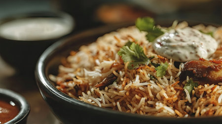 A close-up of a plate of flavorful biryani with a side of raita, leaving space on the side for text94d2-a67577439e29の素材