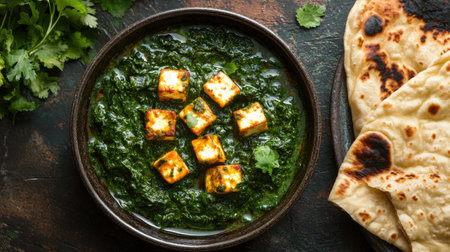 A bowl of rich, creamy saag paneer with naan, with space on the right for a messageの素材