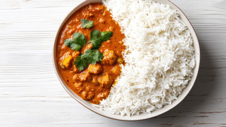 A bowl of spicy Indian curry with basmati rice, with a blank area on the right for copyの素材