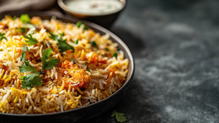 A close-up of a plate of flavorful biryani with a side of raita, leaving space on the side for text94d2-a67577439e29の素材