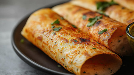 A close-up of a plate of masala dosa with chutney, leaving space on the side for textの素材