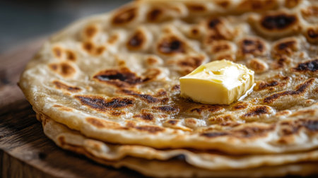 A close-up of aloo paratha with a dollop of butter, leaving room on the side for textの素材