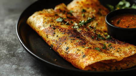 A close-up of a plate of crispy masala dosa with chutney, leaving room on the side for textの素材