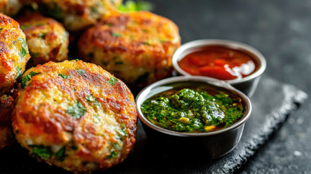 A close-up of freshly made aloo tikki with chutneys, leaving space on the side for text -の素材