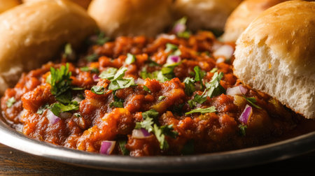 A close-up of a plate of spicy pav bhaji with buttered buns, leaving room on the side for textの素材