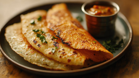 A close-up of a plate of crispy masala dosa with chutney, leaving room on the side for textの素材