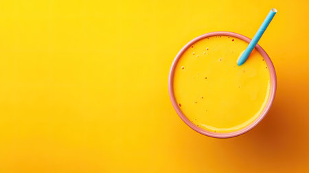 A colorful bowl of mango lassi with a straw, with ample space on the side for copyの素材